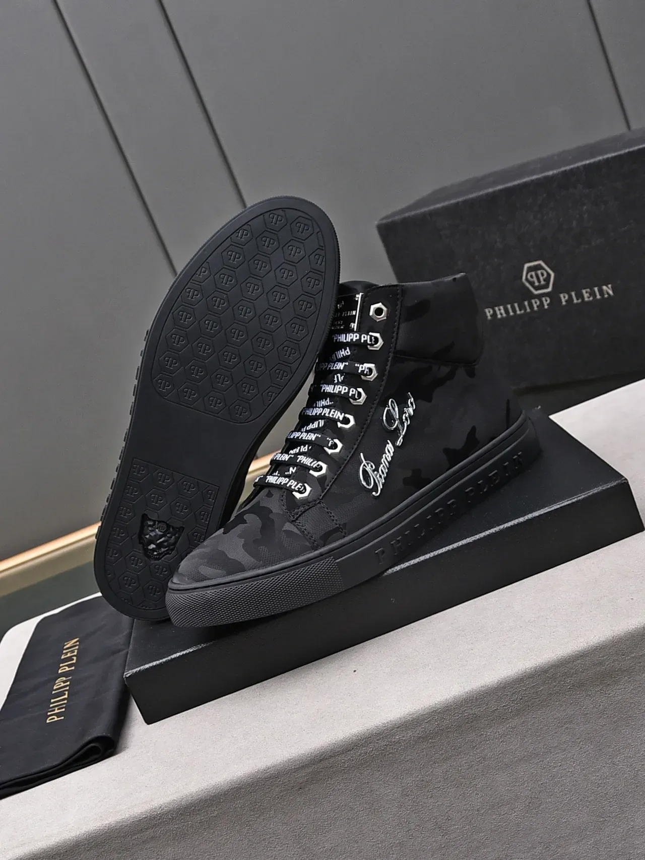Philipp Plein Sneakers Lifestyle Haut Noir Argent Camouflage 4