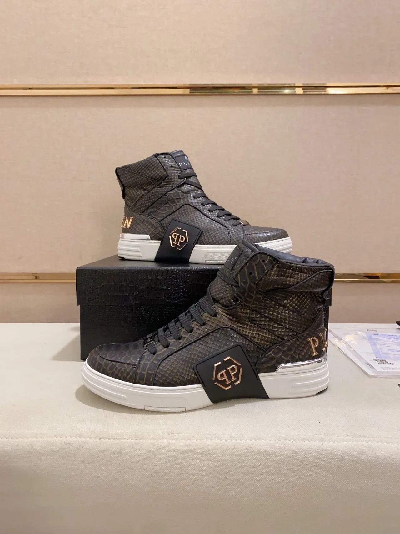 Philipp Plein PP High-Top Black Gold Snakeskin-Textured Lifestyle Sneakers 5