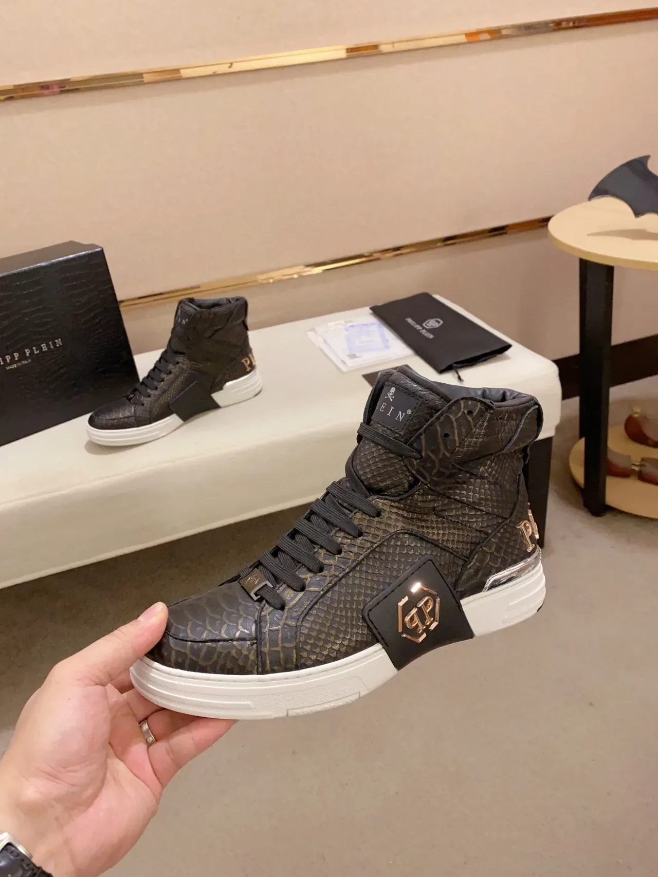 Philipp Plein PP High-Top Black Gold Snakeskin-Textured Lifestyle Sneakers 6