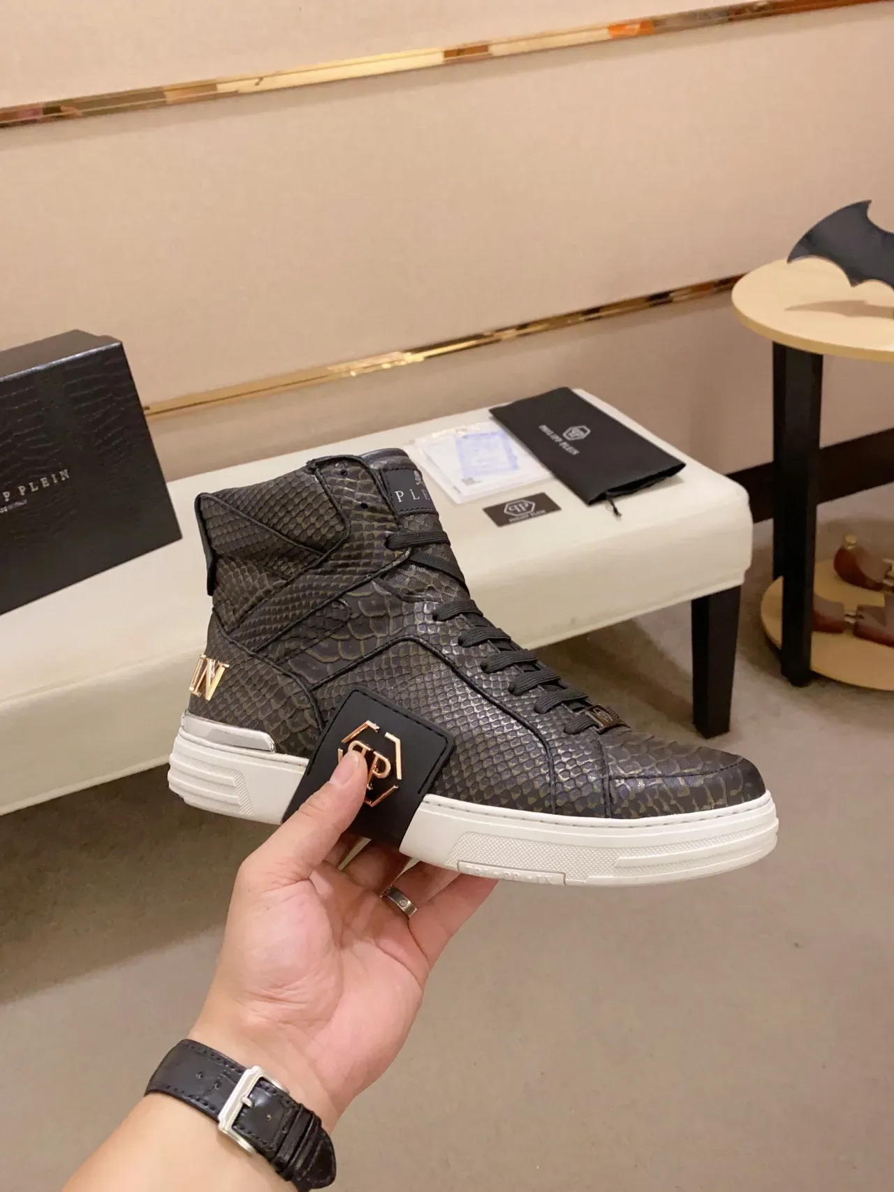 Philipp Plein PP High-Top Black Gold Snakeskin-Textured Lifestyle Sneakers 7