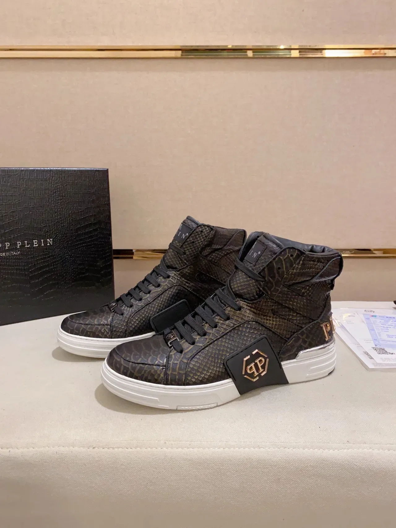 Philipp Plein PP High-Top Black Gold Snakeskin-Textured Lifestyle Sneakers 8