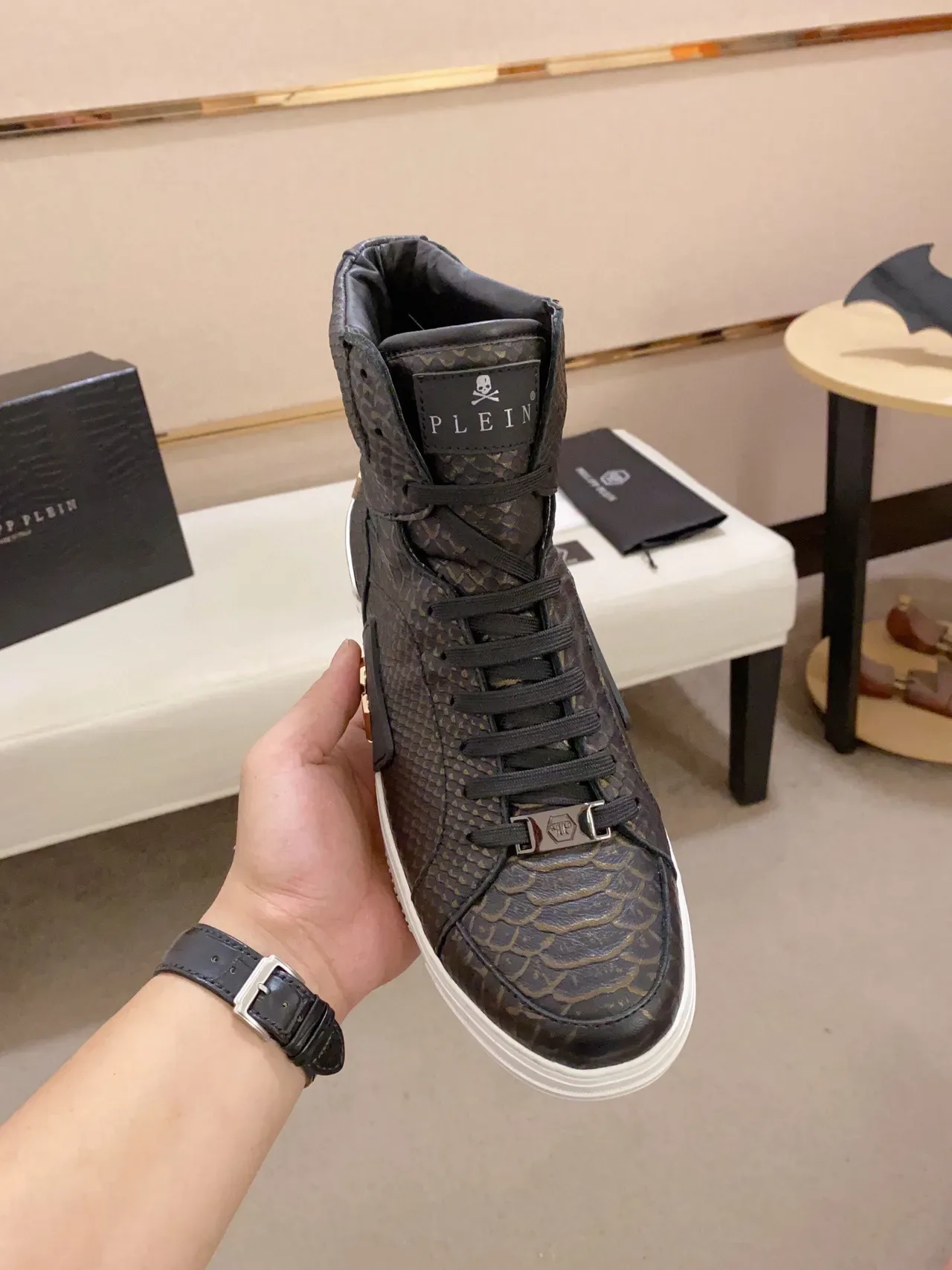 Philipp Plein PP High-Top Black Gold Snakeskin-Textured Lifestyle Sneakers 9