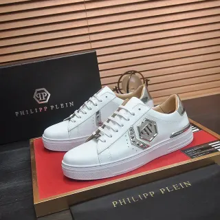 Philipp Plein White Silver Leather Metallic Hexagonal Logo Lifestyle Sneakers