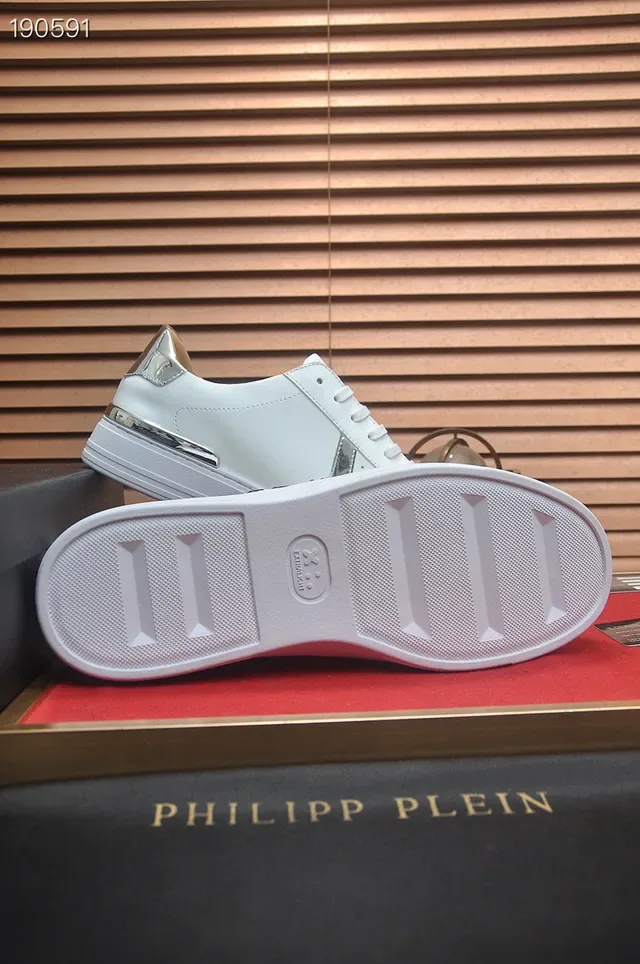 Philipp Plein Branco Prata Couro Metálico Hexagonal Logo Lifestyle Tênis 2