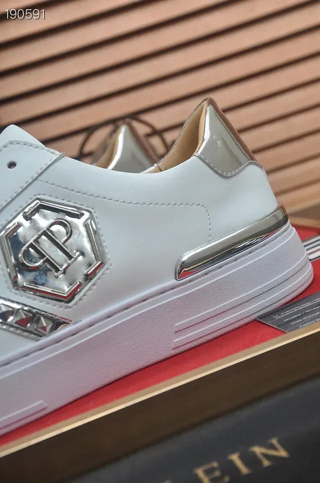 Philipp Plein Branco Prata Couro Metálico Hexagonal Logo Lifestyle Tênis 3