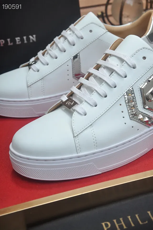 Philipp Plein Branco Prata Couro Metálico Hexagonal Logo Lifestyle Tênis 4