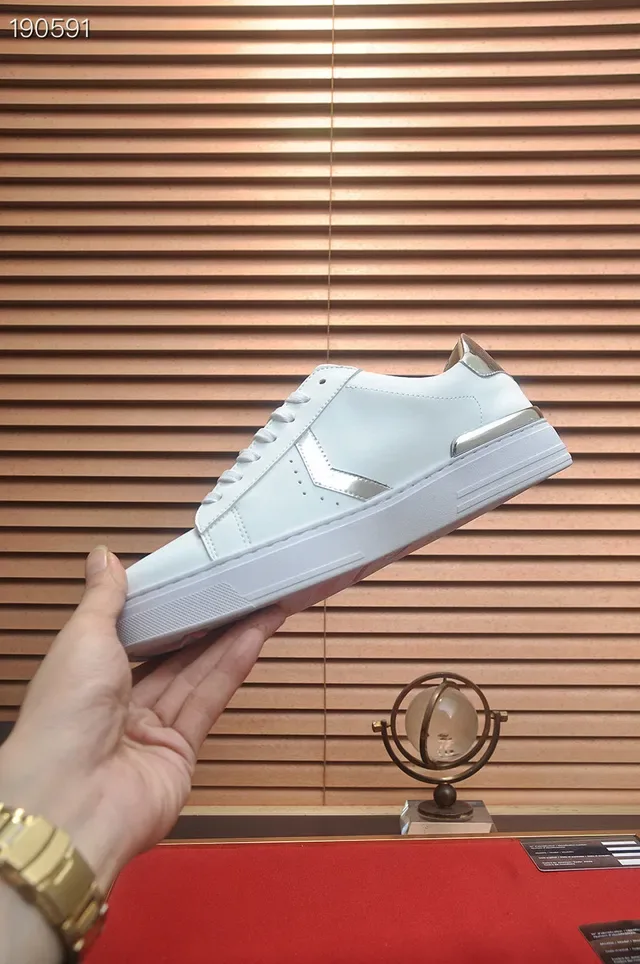 Philipp Plein Branco Prata Couro Metálico Hexagonal Logo Lifestyle Tênis 5