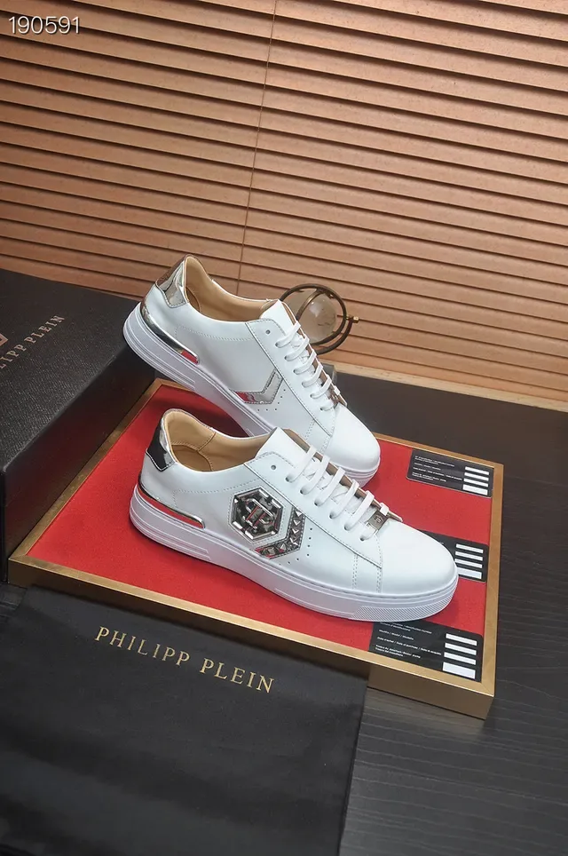 Philipp Plein Branco Prata Couro Metálico Hexagonal Logo Lifestyle Tênis 6