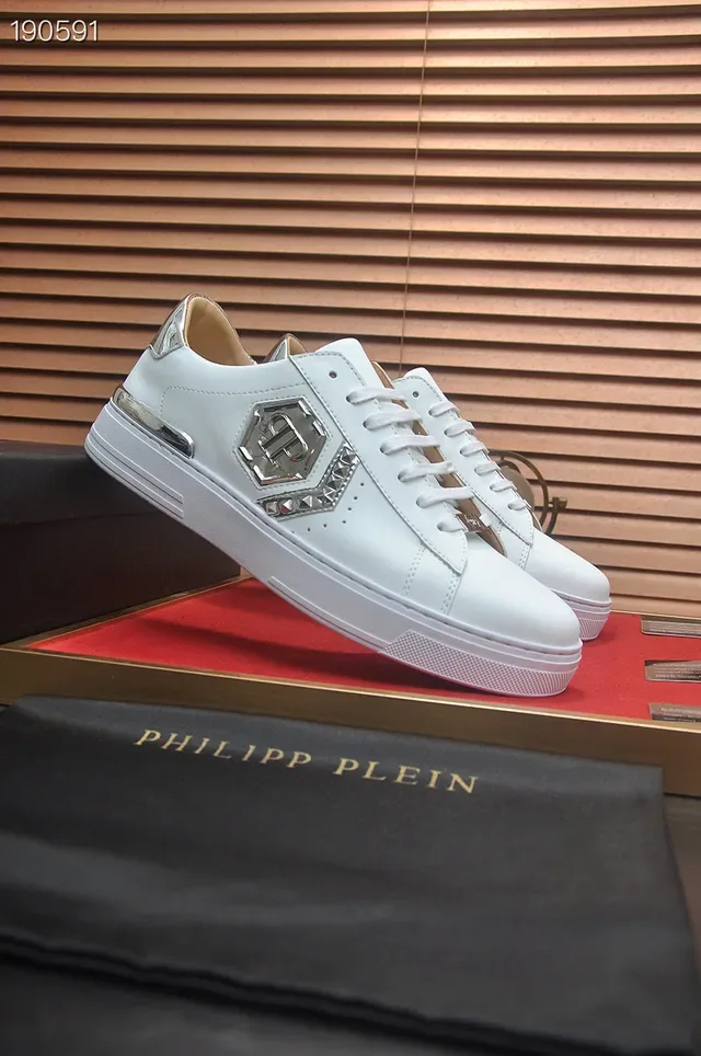 Philipp Plein Branco Prata Couro Metálico Hexagonal Logo Lifestyle Tênis 8