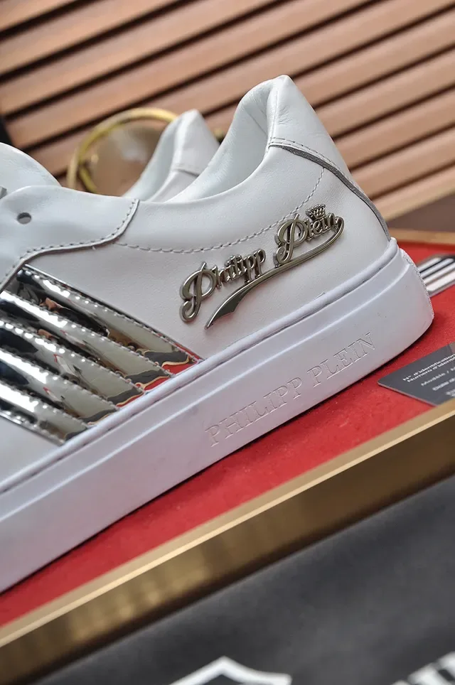 Philipp Plein White Silver Leather Upper Metallic Snakeskin Stripes Sneakers 2