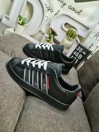 PLEASURES Superstar-style Black Red Leather Upper White Flat Laces Lifestyle Sneakers 7