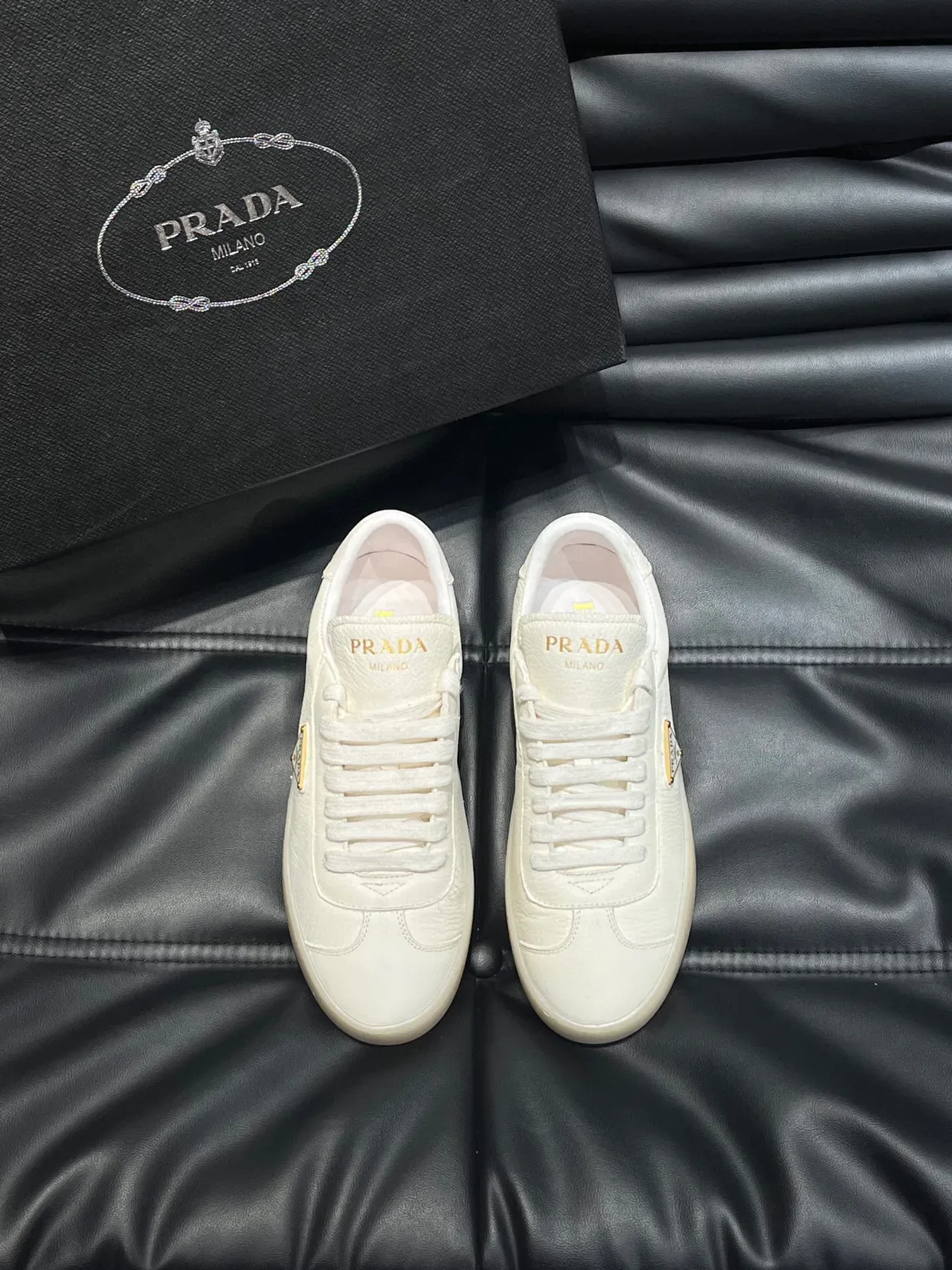 Prada Beige Gold Textured Leather Upper Triangular Logo Plaque Lifestyle Sneakers 2