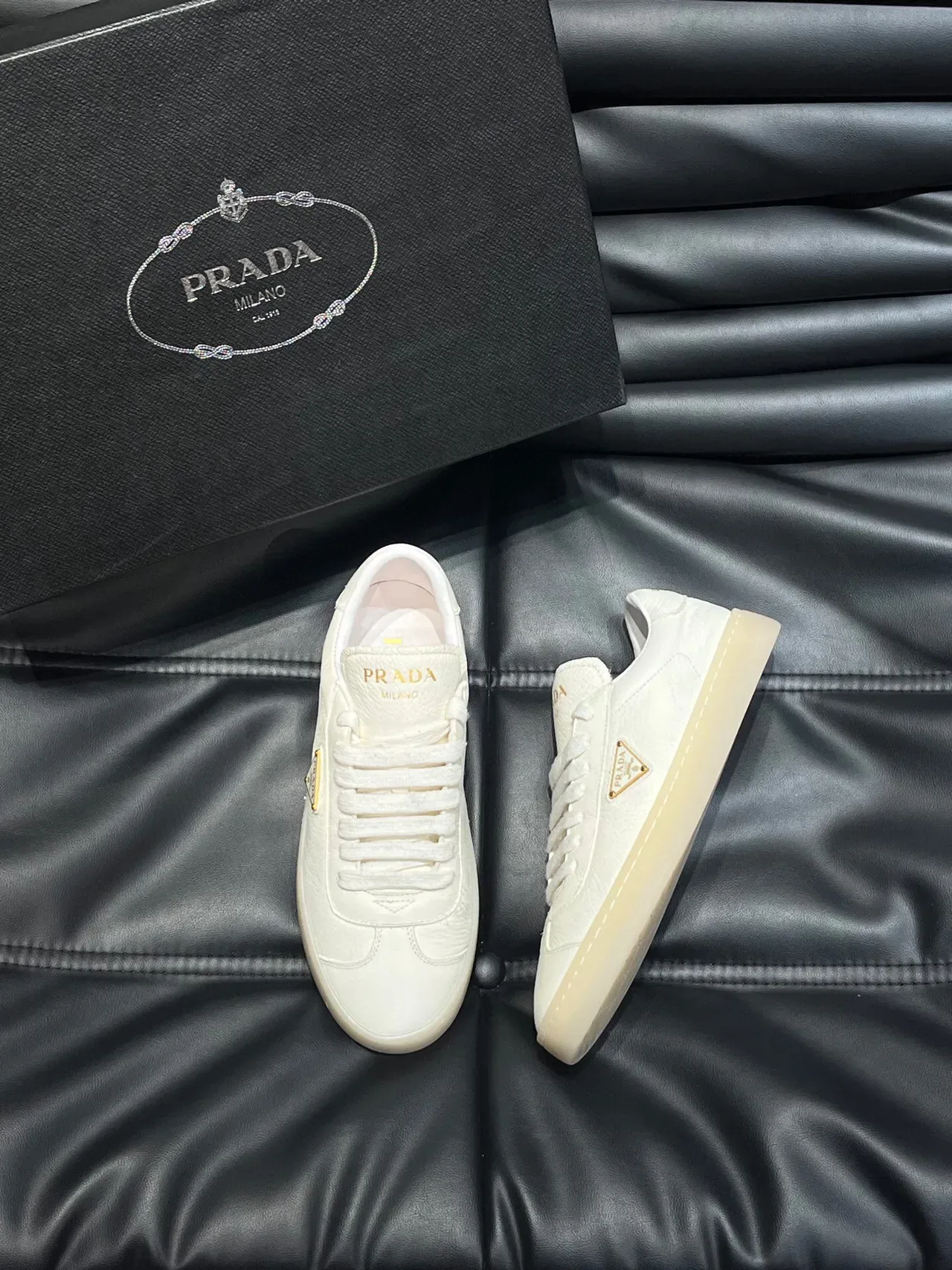 Prada Beige Gold Textured Leather Upper Triangular Logo Plaque Lifestyle Sneakers 3