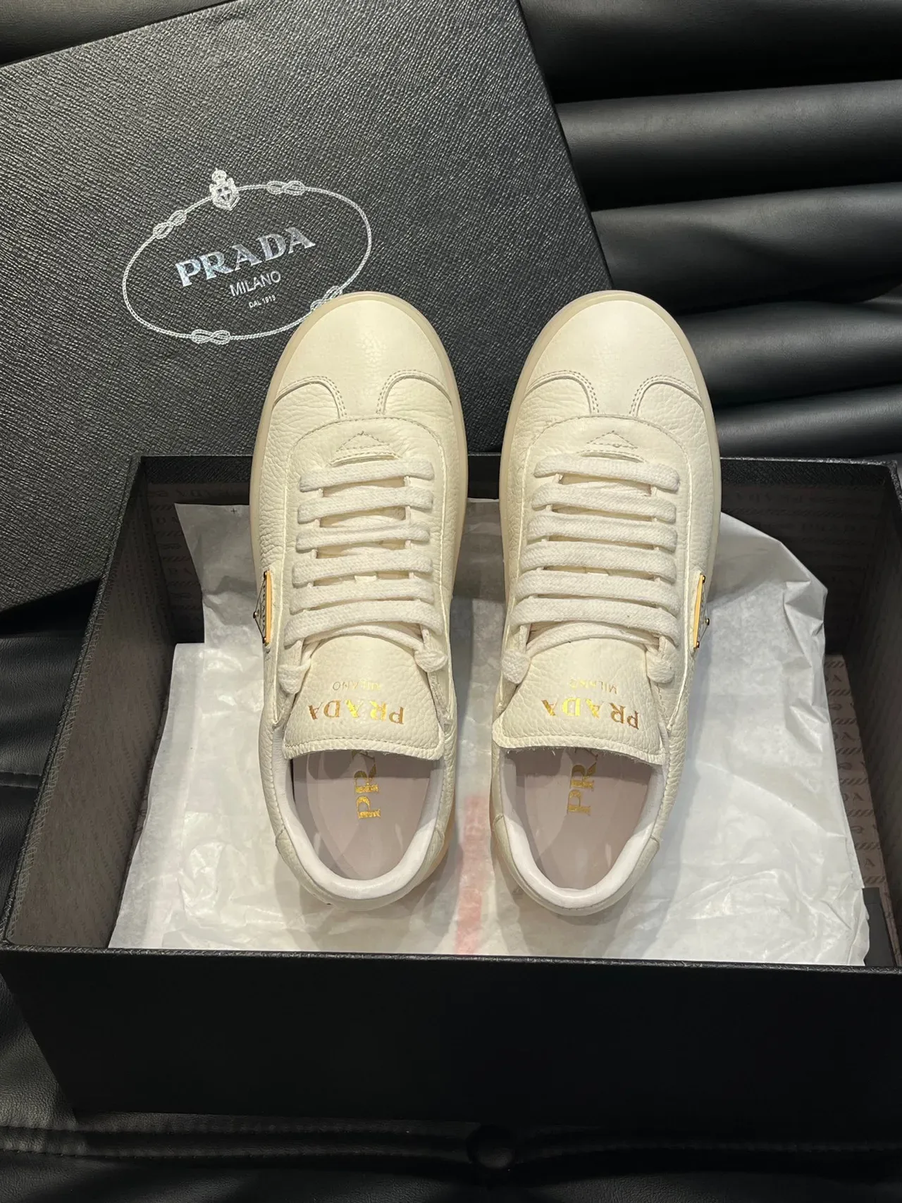 Prada Beige Gold Textured Leather Upper Triangular Logo Plaque Lifestyle Sneakers 4