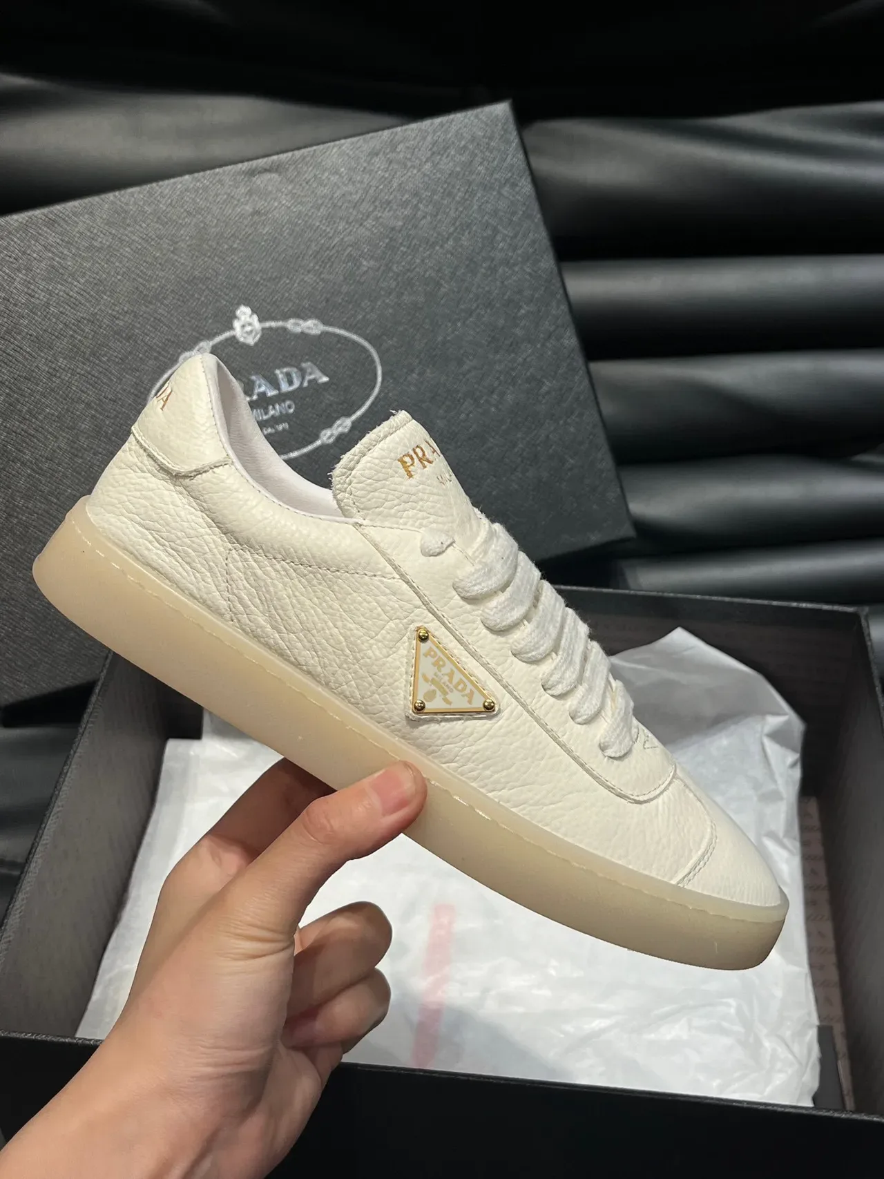Prada Beige Gold Textured Leather Upper Triangular Logo Plaque Lifestyle Sneakers 5