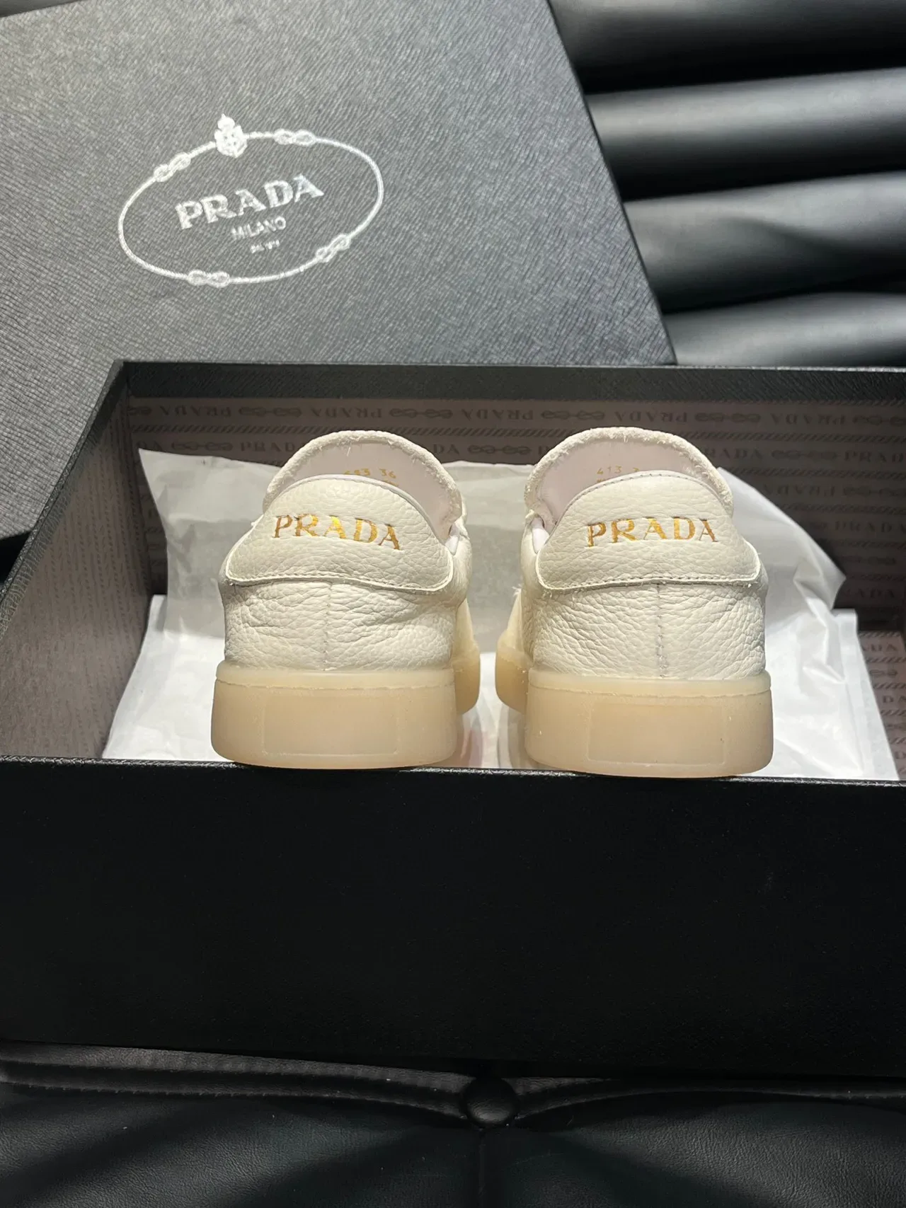 Prada Beige Gold Textured Leather Upper Triangular Logo Plaque Lifestyle Sneakers 7