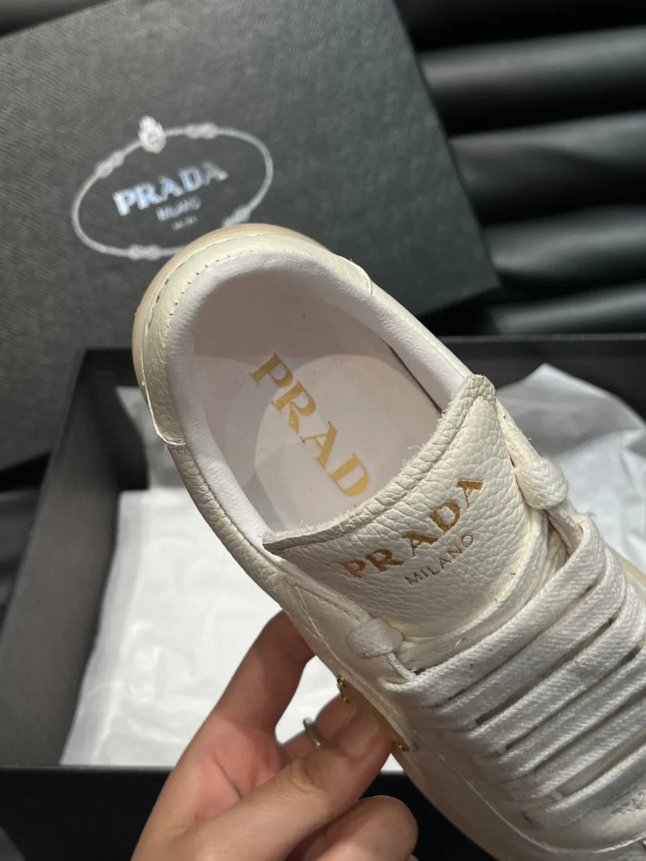 Prada Beige Gold Textured Leather Upper Triangular Logo Plaque Lifestyle Sneakers 8