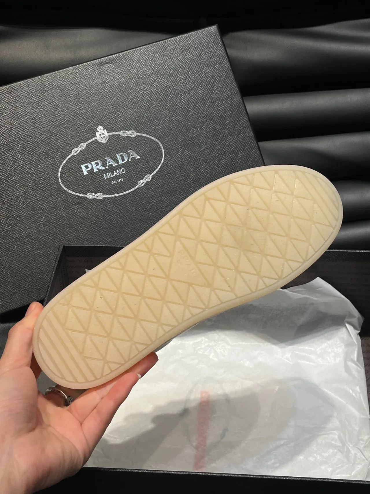 Prada Beige Gold Textured Leather Upper Triangular Logo Plaque Lifestyle Sneakers 9