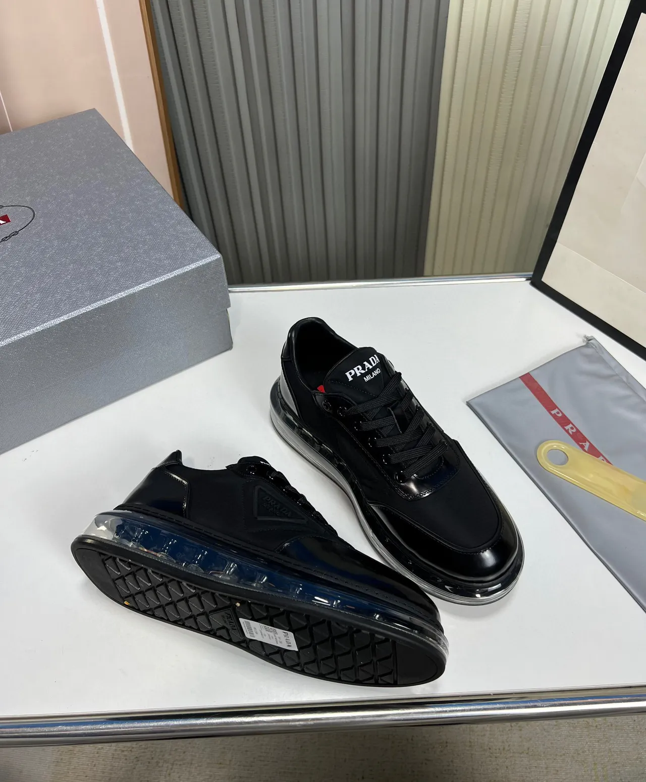 Prada Black Glossy Patent Leather Toe Cap Matte Fabric Mid-Panel Lifestyle Sneakers 5