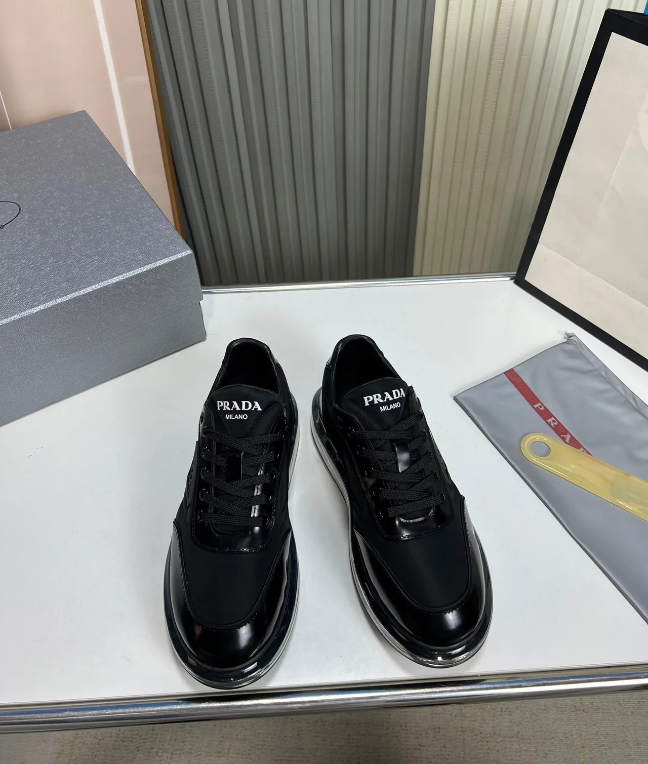 Prada Black Glossy Patent Leather Toe Cap Matte Fabric Mid-Panel Lifestyle Sneakers 6