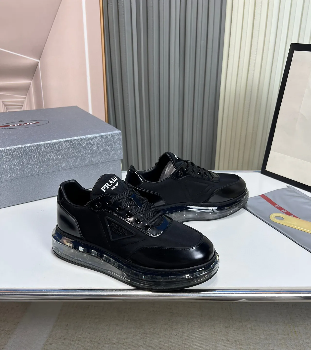 Prada Black Glossy Patent Leather Toe Cap Matte Fabric Mid-Panel Lifestyle Sneakers 9