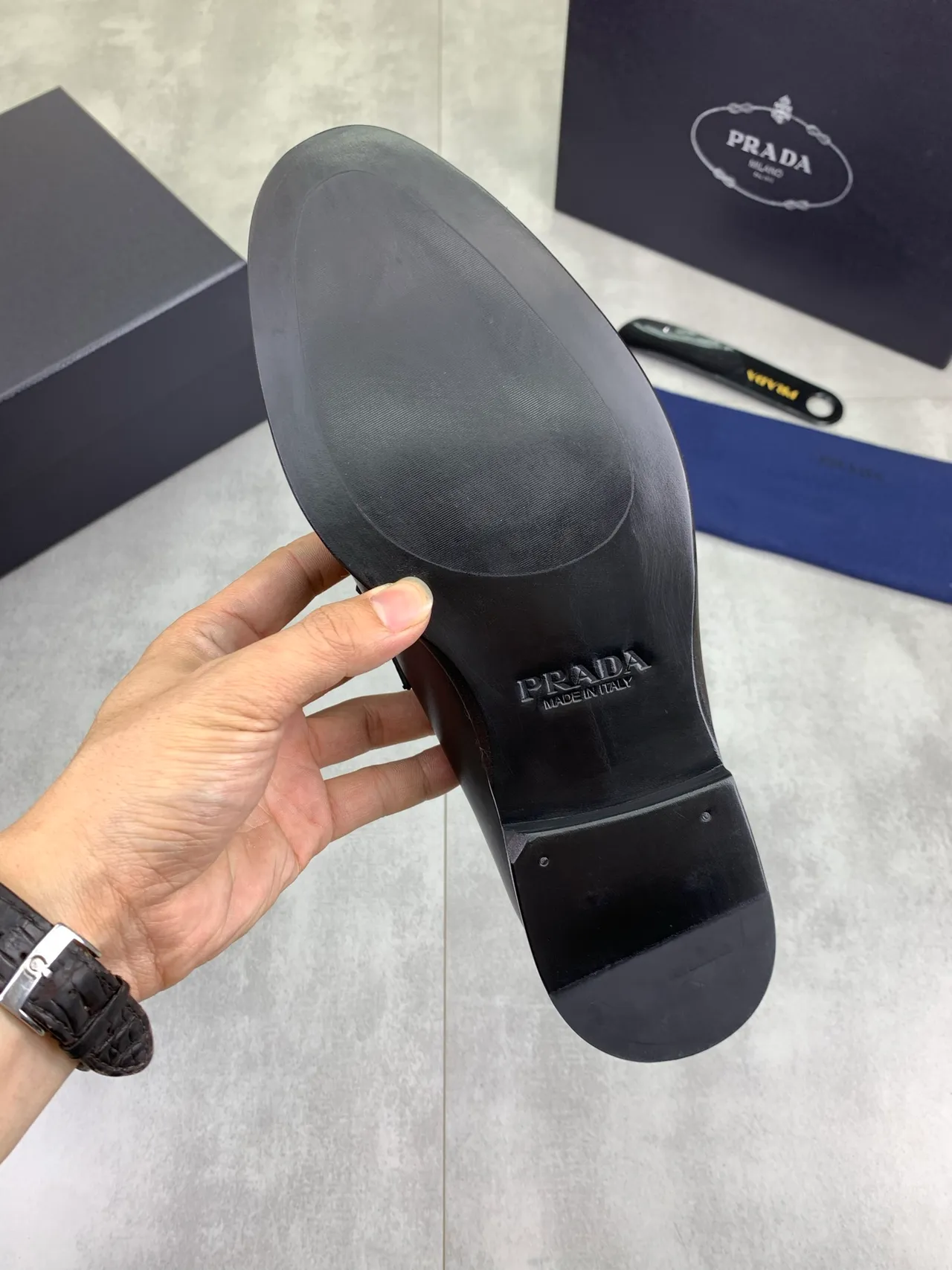 Prada Black Leather Penny Strap Loafers 4