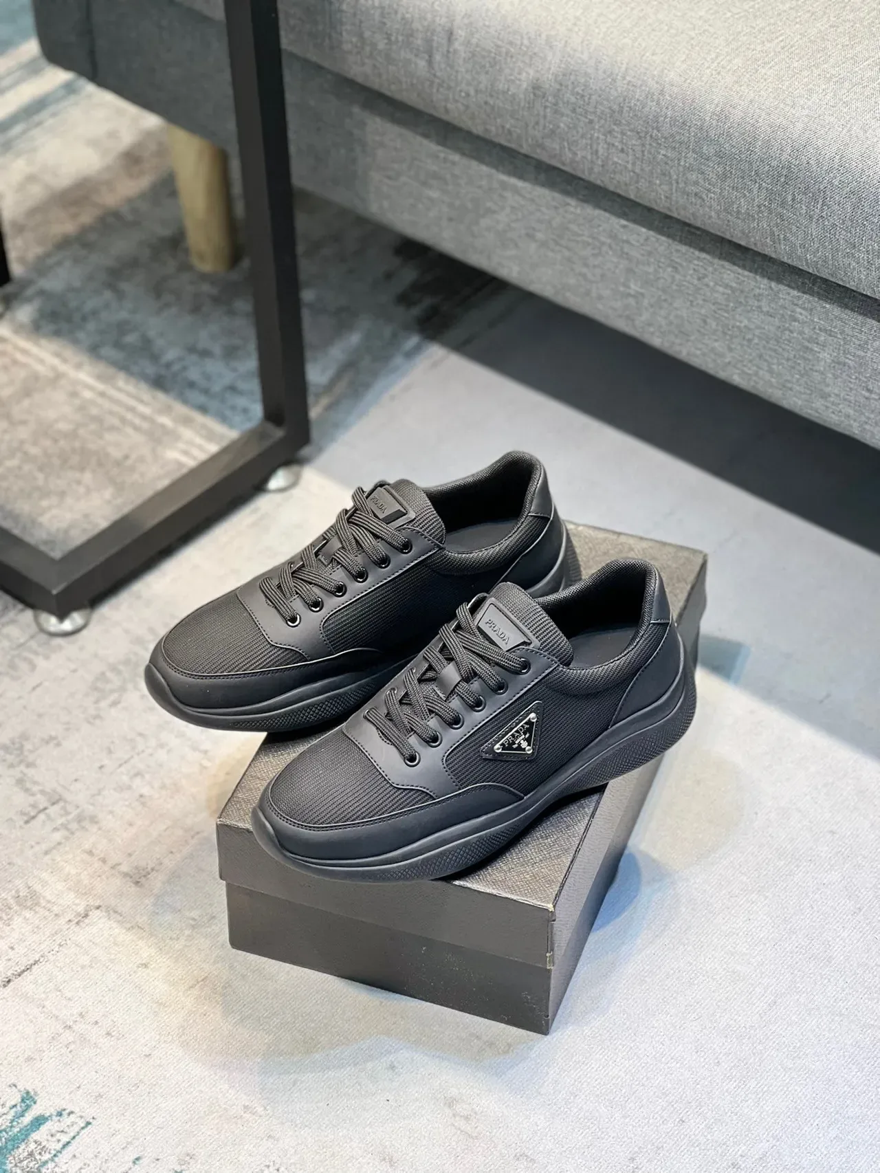 Prada Black Monochrome Mesh-Synthetic Hybrid Upper Lifestyle Sneakers 7