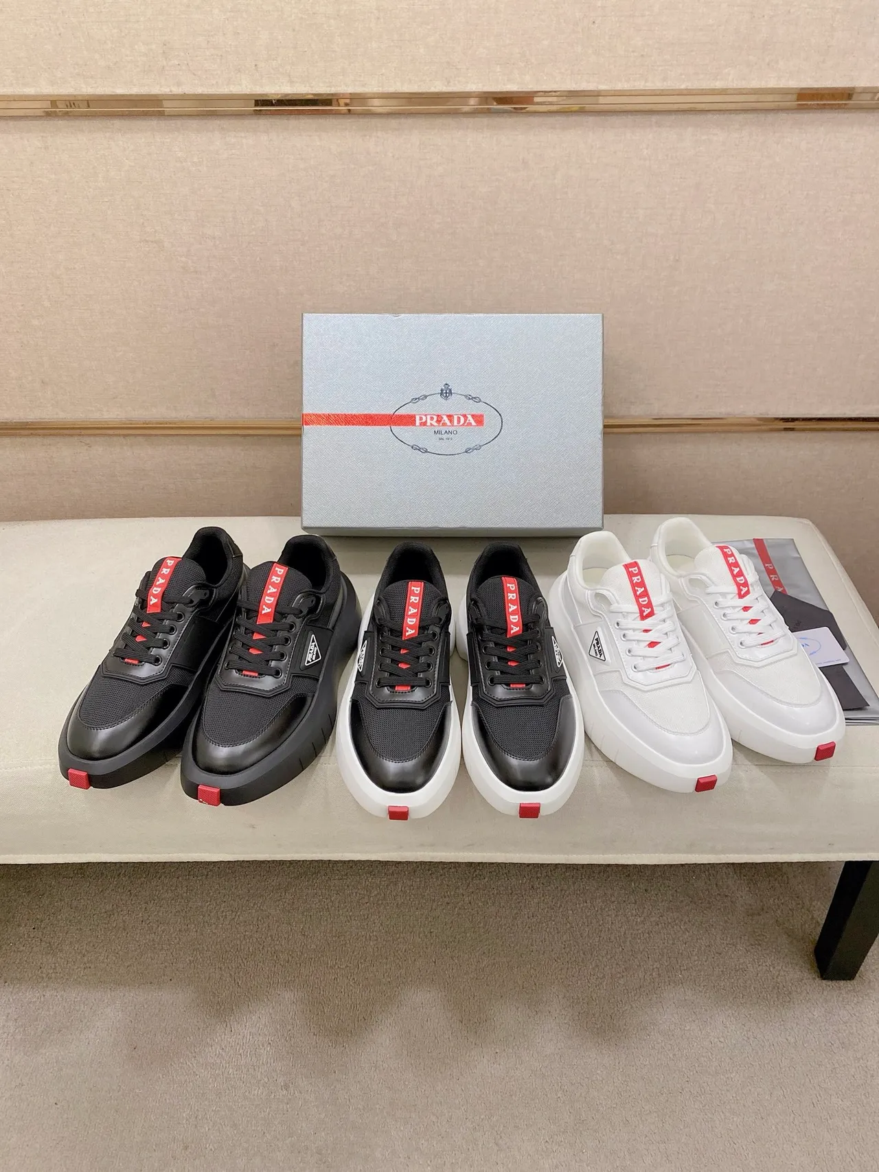 Prada Black Red Platform Sole Mesh And Leather Upper Lifestyle Sneakers 2