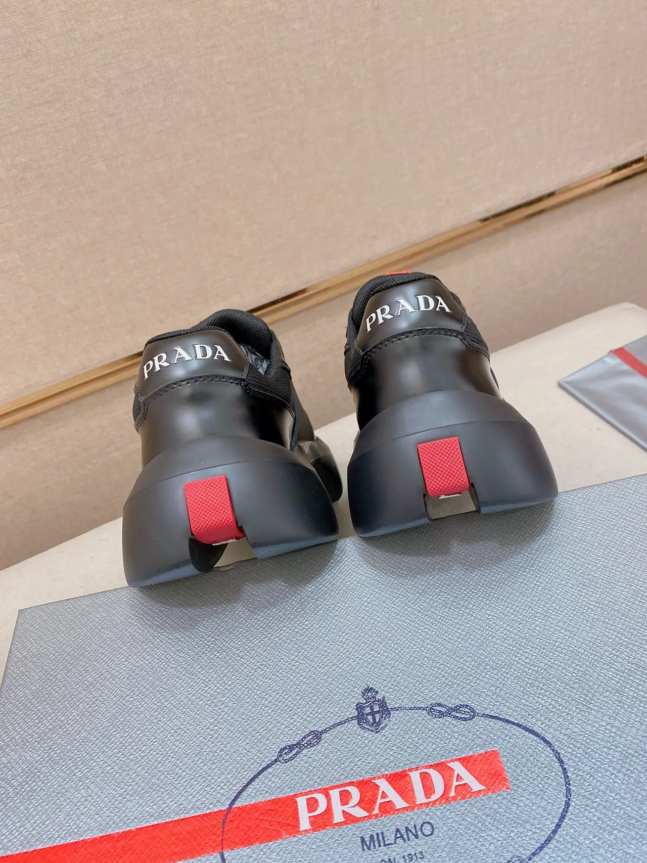 Prada Black Red Platform Sole Mesh And Leather Upper Lifestyle Sneakers 4