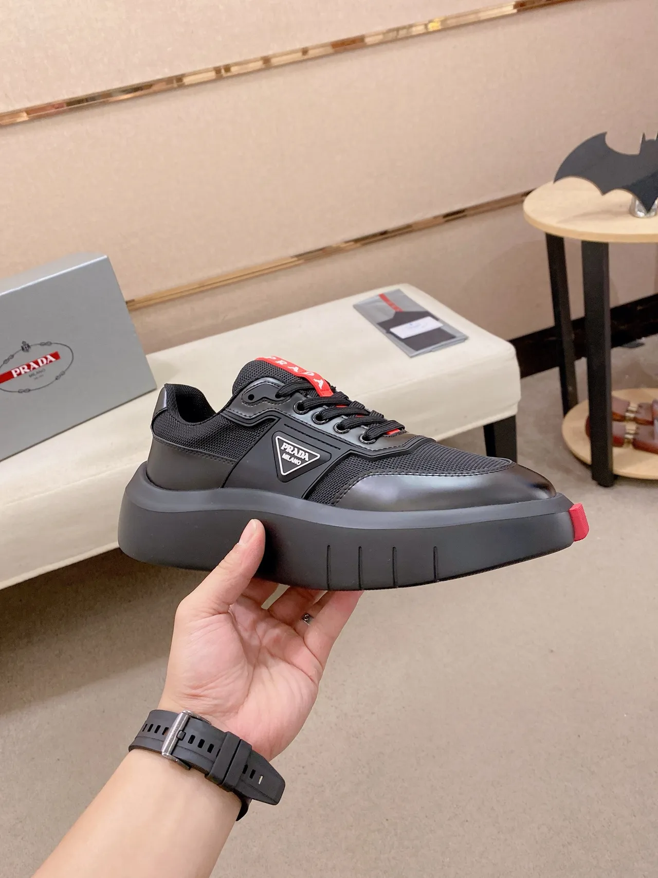 Prada Black Red Platform Sole Mesh And Leather Upper Lifestyle Sneakers 5