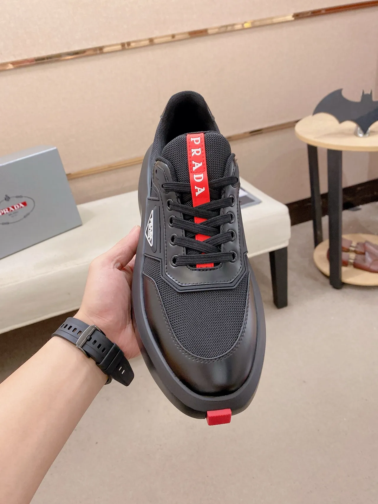 Prada Black Red Platform Sole Mesh And Leather Upper Lifestyle Sneakers 6