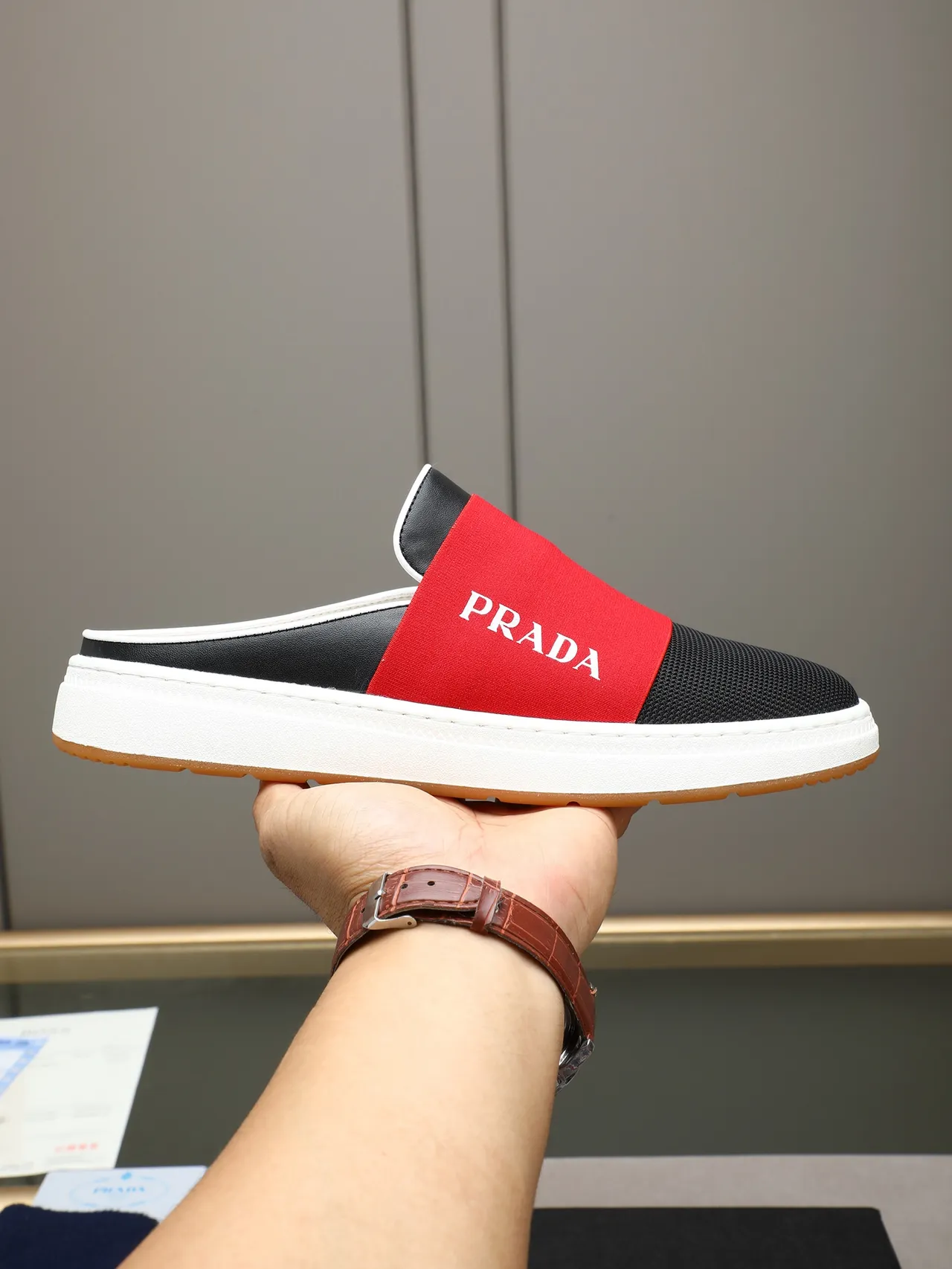 Prada Black Red Slip-On Mule Color-Blocked Loafer 1