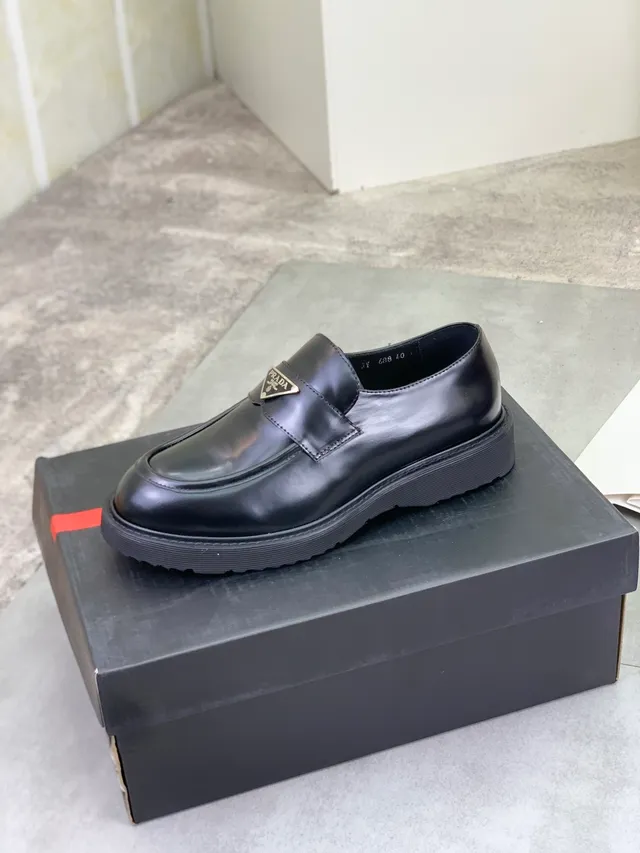 Prada Black Silver Glossy Leather Metal Triangle Logo Plaque Loafer 4