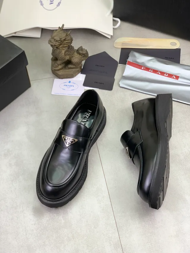 Prada Black Silver Glossy Leather Metal Triangle Logo Plaque Loafer 5