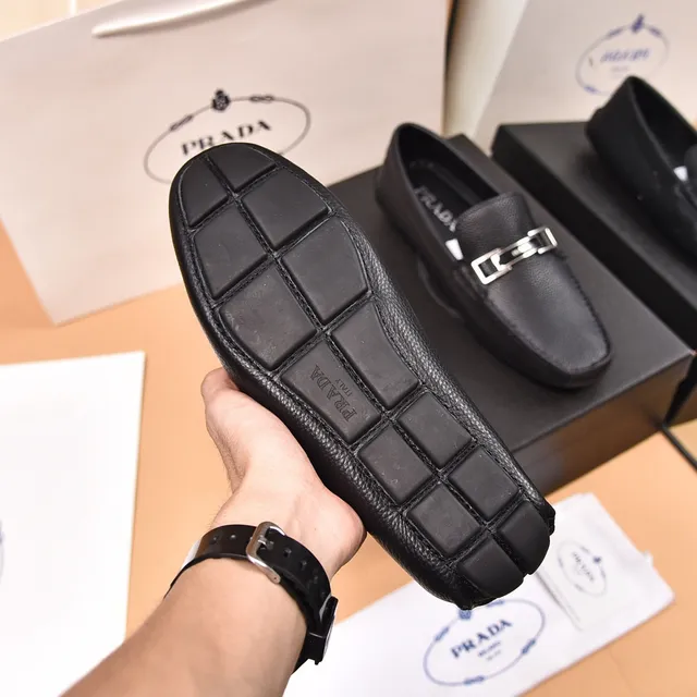 Prada Black Silver Pebbled Leather Metal Horsebit Buckle Loafer 4