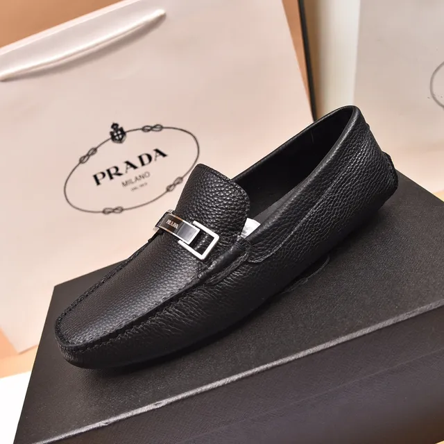 Prada Black Silver Pebbled Leather Metal Horsebit Buckle Loafer 5