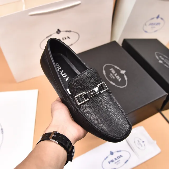 Prada Black Silver Pebbled Leather Metal Horsebit Buckle Loafer 6