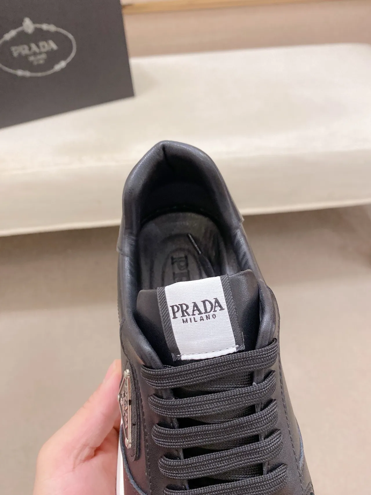 Prada Black White Leather Upper Triangular Logo Plaque Lifestyle Sneakers 4