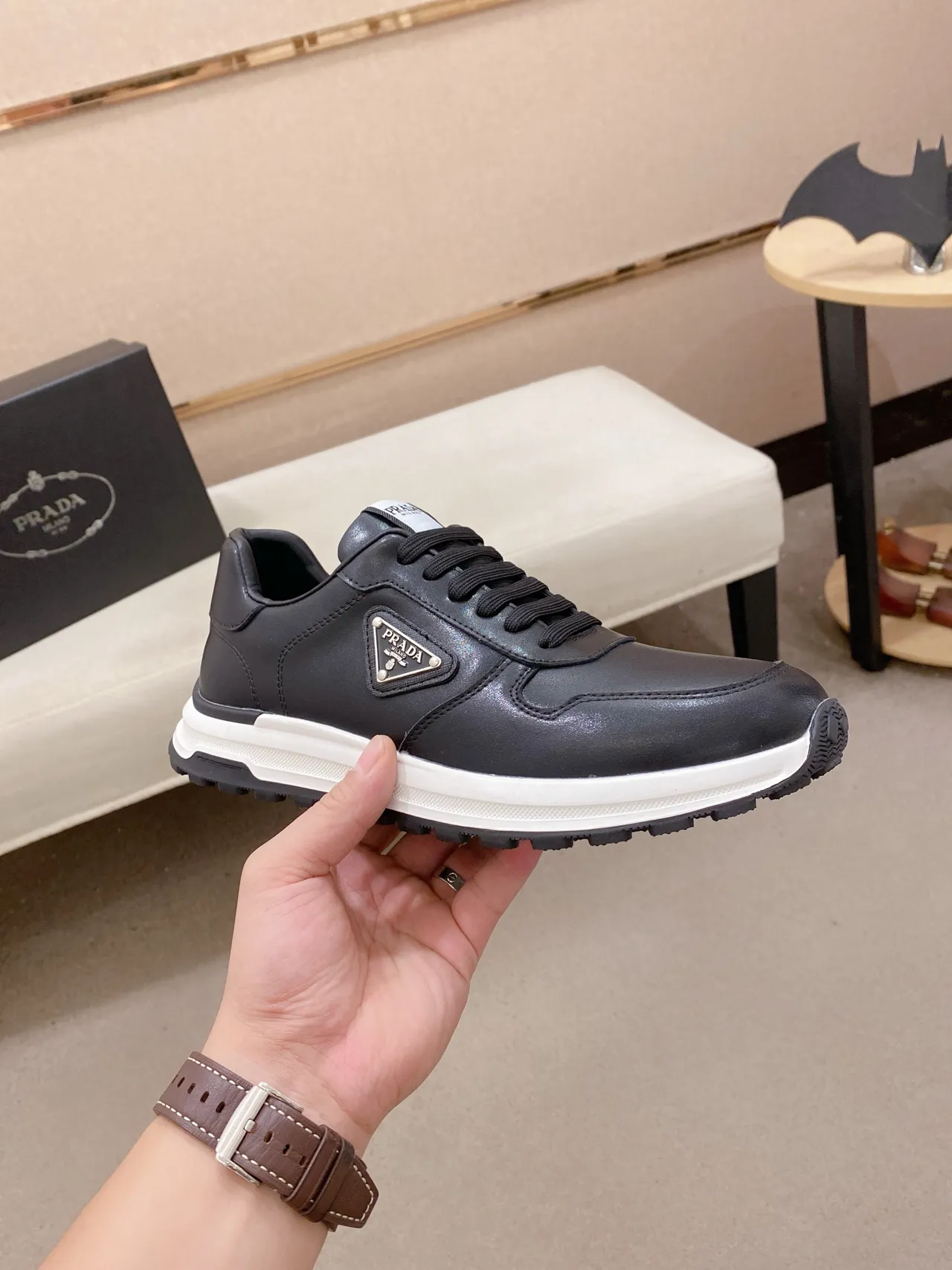 Prada Black White Leather Upper Triangular Logo Plaque Lifestyle Sneakers 5