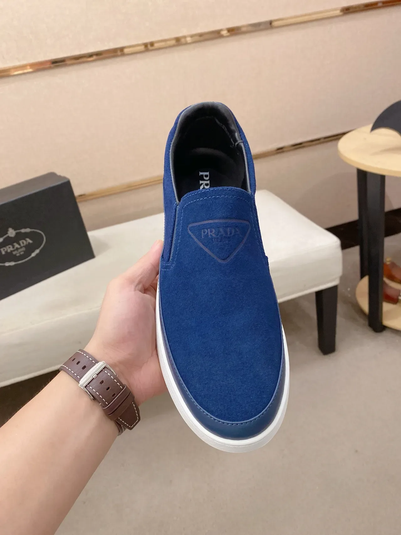 Prada Blue Navy Slip-On Suede Upper Lifestyle Sneakers 3