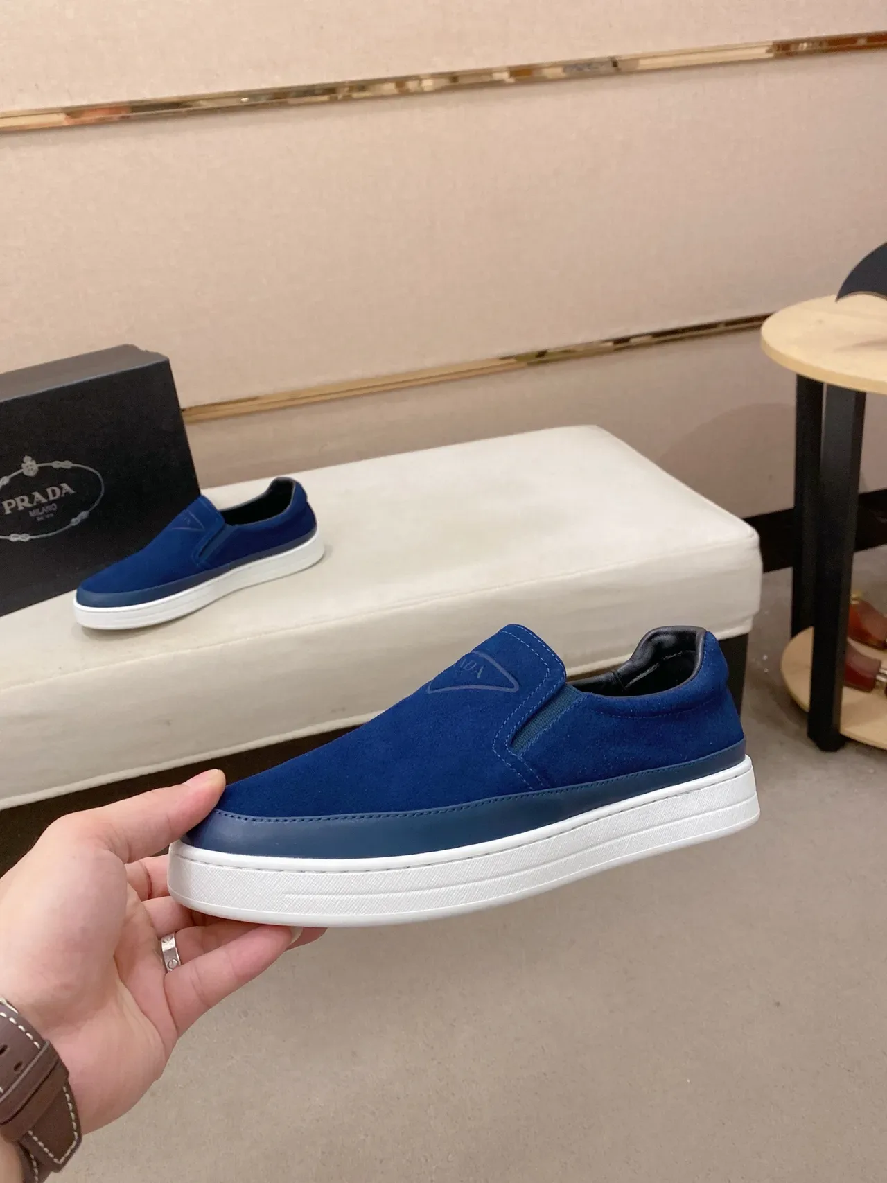Prada Blue Navy Slip-On Suede Upper Lifestyle Sneakers 4
