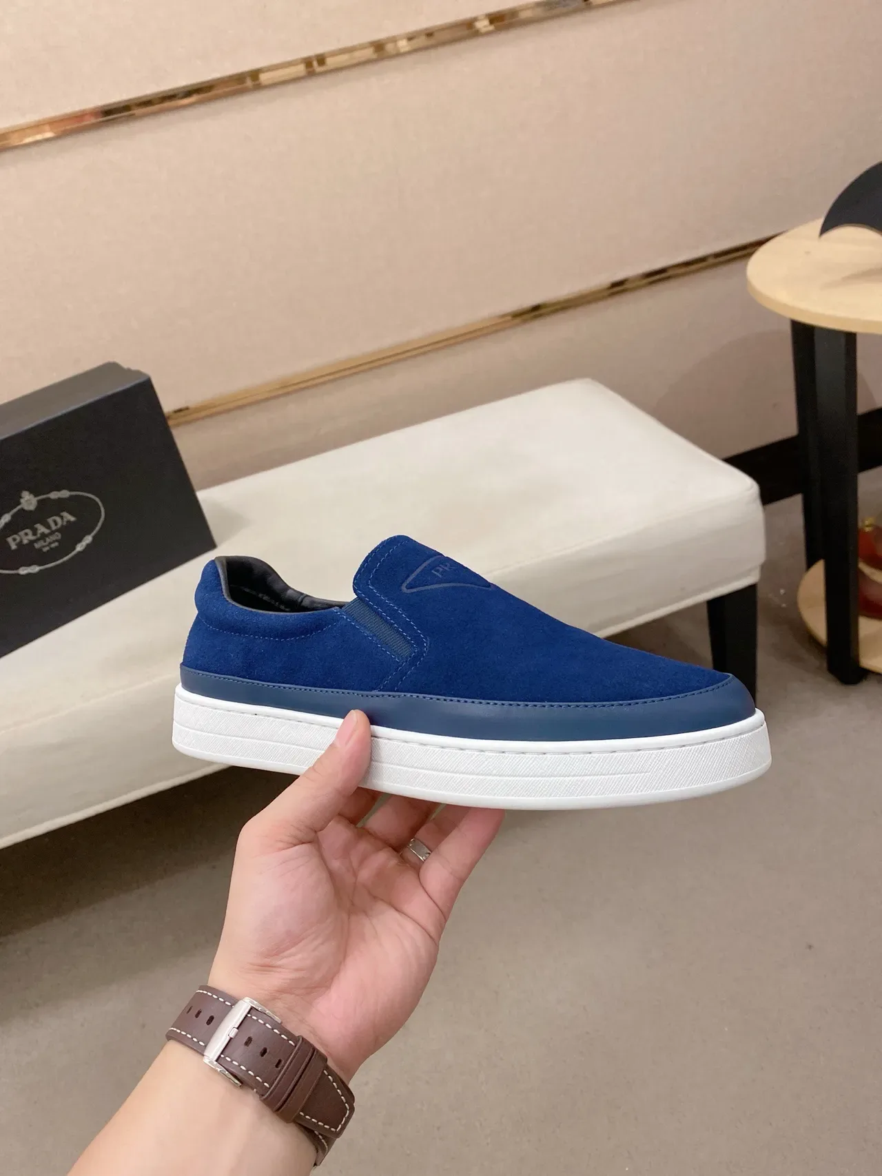 Prada Blue Navy Slip-On Suede Upper Lifestyle Sneakers 5