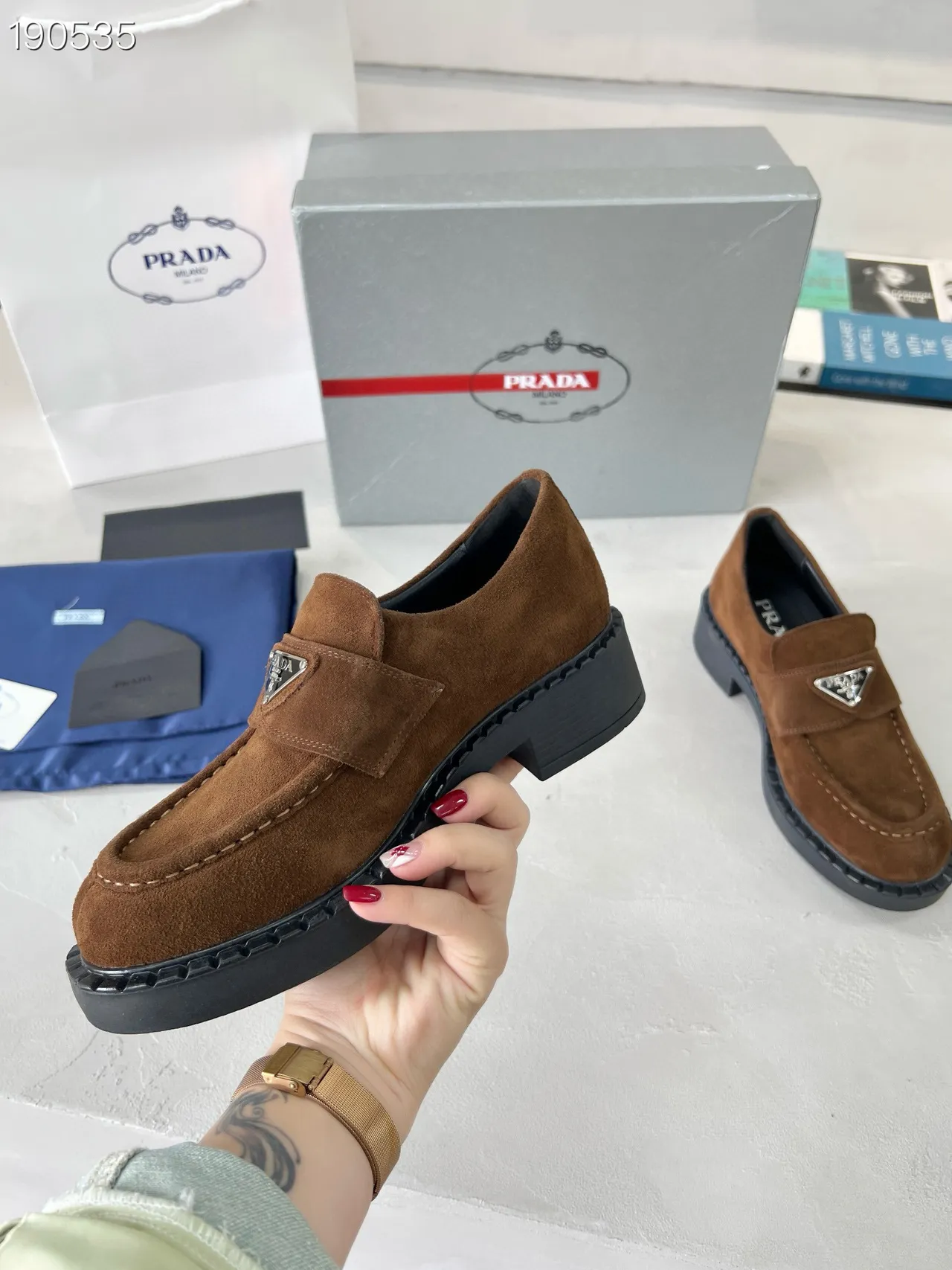 Prada Brown Black Suede Upper Platform Sole Loafer 7