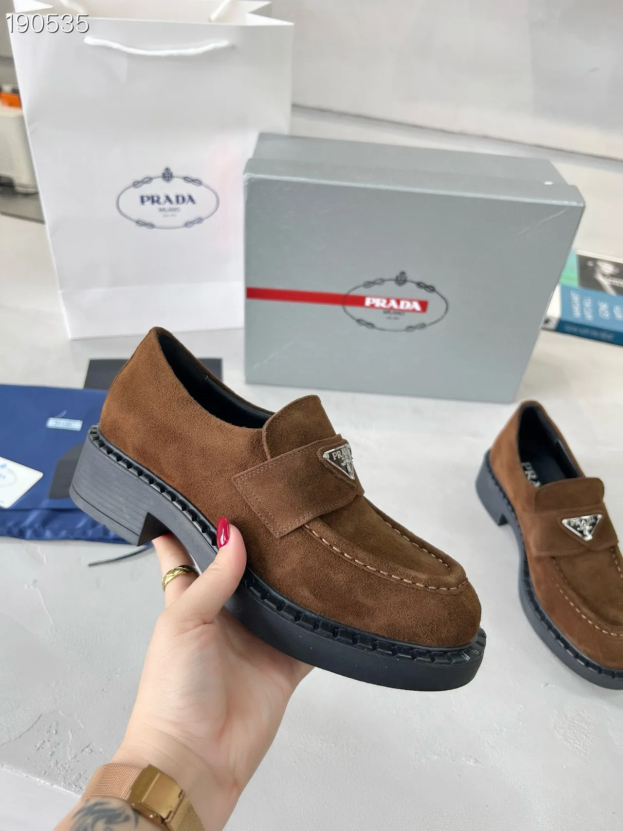 Prada Brown Black Suede Upper Platform Sole Loafer 8