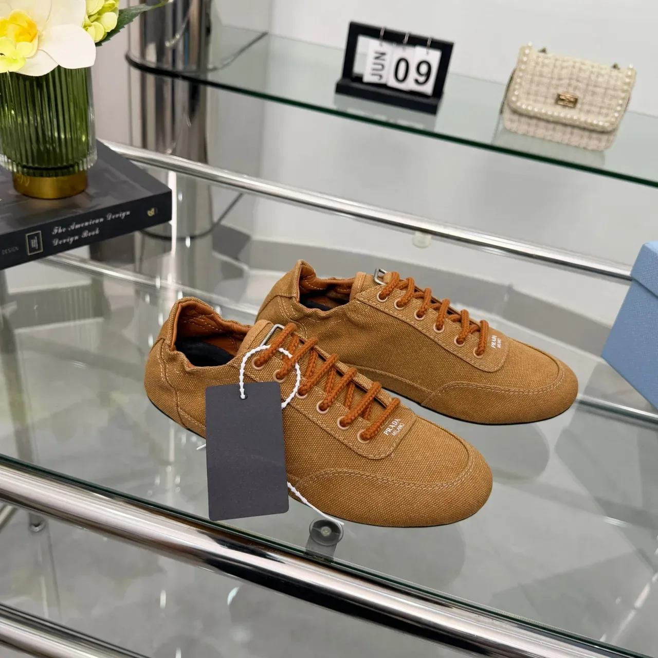 Prada Brown Black Upper Tonal Stitching Canvas Shoes 5