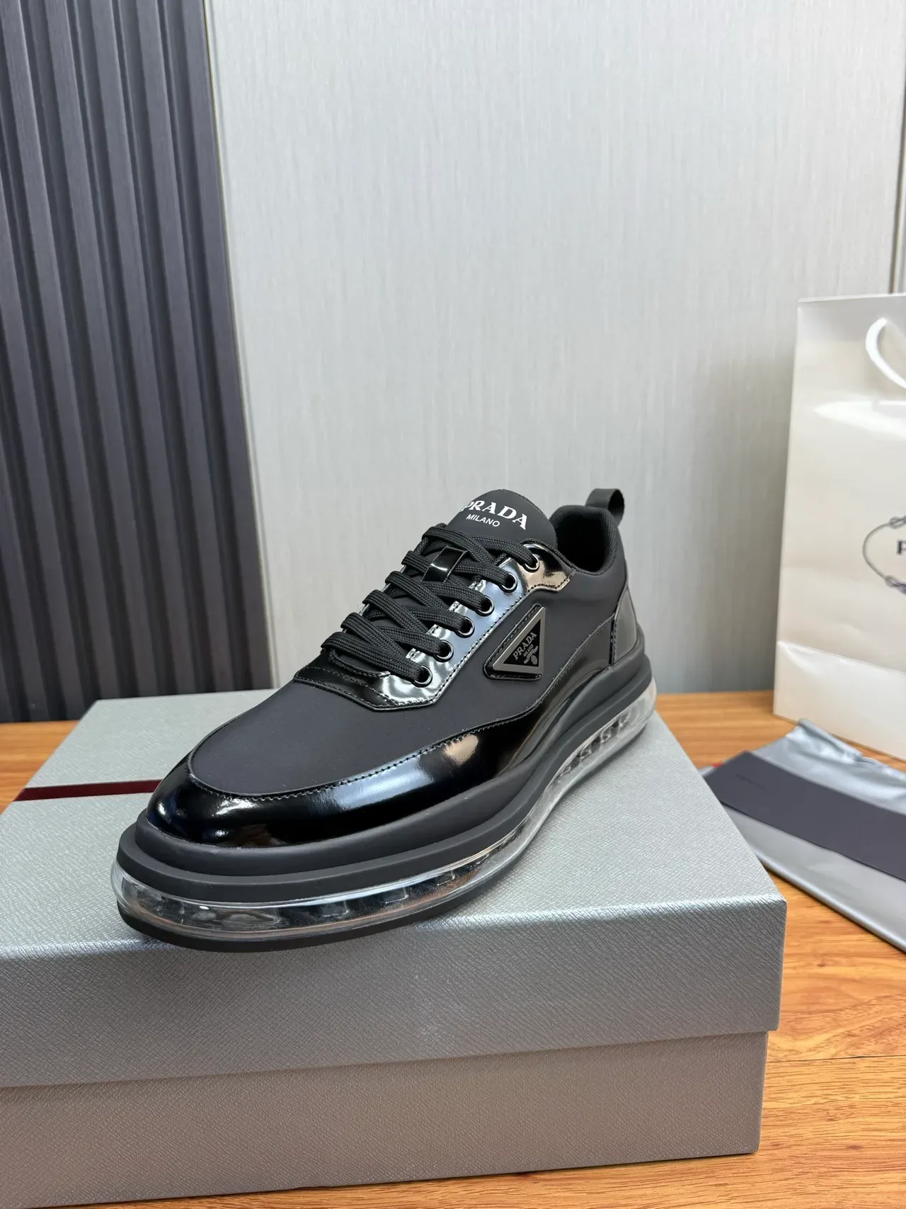 Prada Cloudbust Black Glossy Patent and Nylon Lifestyle Sneakers 9