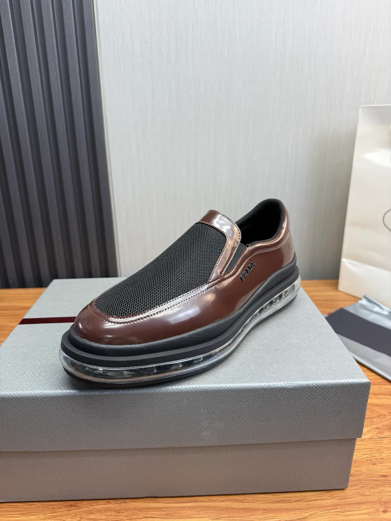Prada Cloudbust Brown Black Slip-On Patent Leather And Mesh Loafer 2