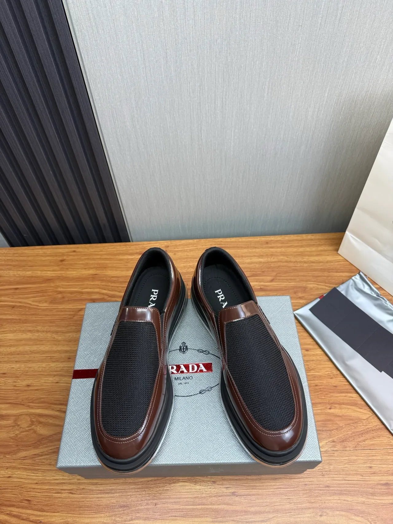 Prada Cloudbust Brown Black Slip-On Patent Leather And Mesh Loafer 3