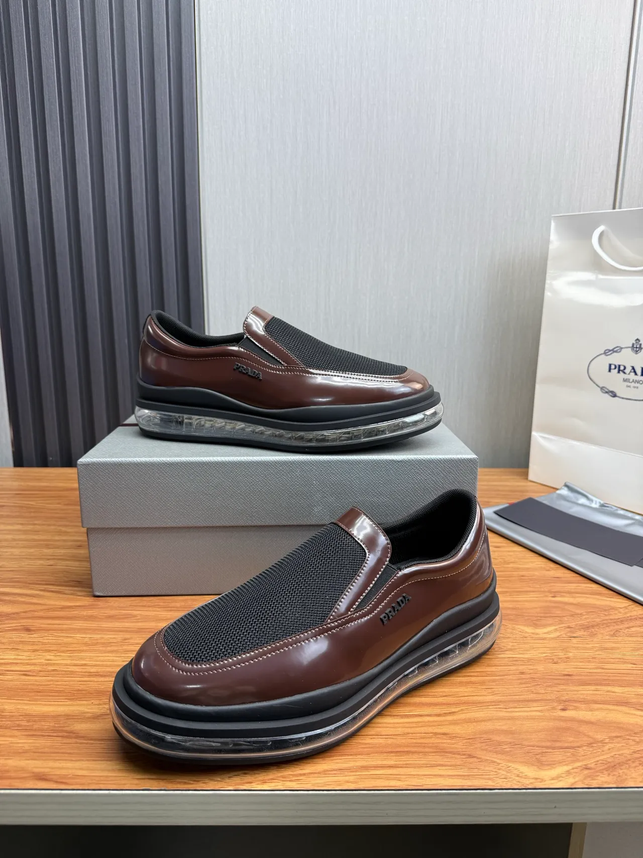 Prada Cloudbust Brown Black Slip-On Patent Leather And Mesh Loafer 4
