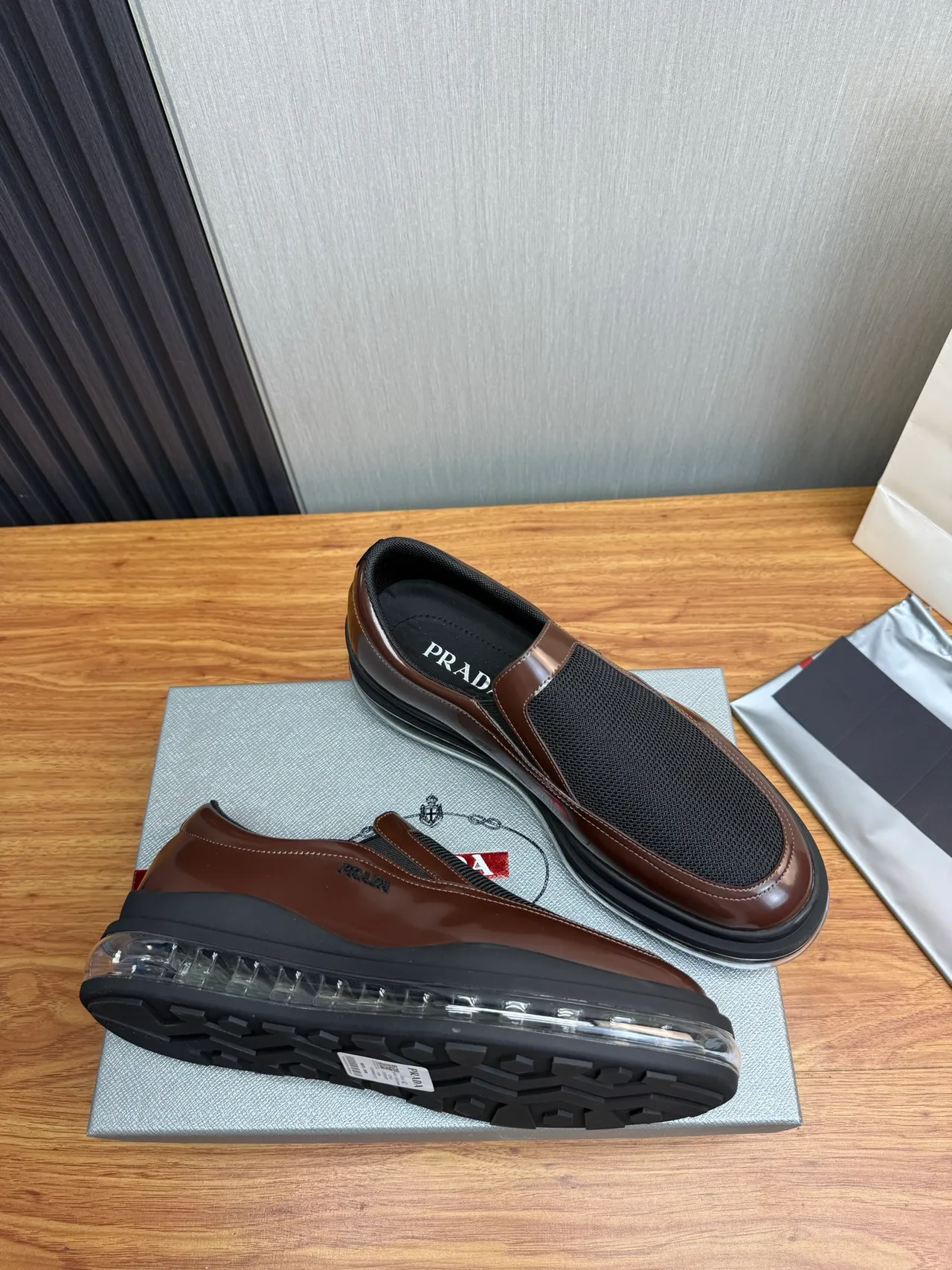 Prada Cloudbust Brown Black Slip-On Patent Leather And Mesh Loafer 6